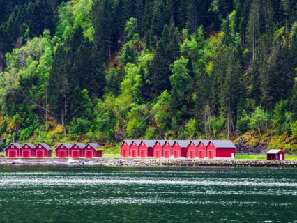 Mountains and Fiord over Norwegian Village in Olden, Innvikfjorden, Norway, Europe
