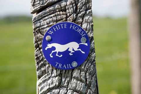 Close up of way marker sign for the White Horse Trail in Wiltshire, England, UK. The White Horse
