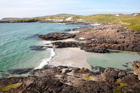Atlantic coastline rocky headlands and small sandy bays near Borgh, Barra, Outer Hebrides,