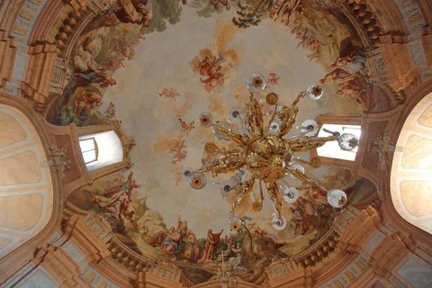 Interior with chandelier and ceiling painting, view upwards, baroque, arts and crafts, painting,
