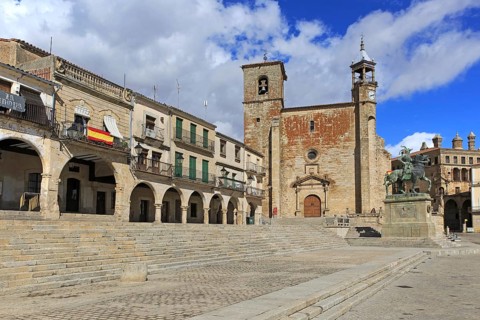 Iglesia de San Martin church and Pizarro statue in historic medieval town of Trujillo, Caceres