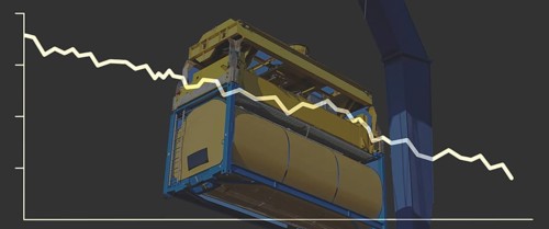 Composing with falling share price and a container as a symbol for a declining (world) economy