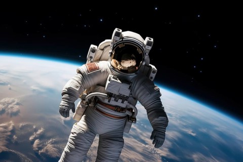 Astronaut Floating Above Earth in Space with extravehicular mobility unit and backpack. Wonder and