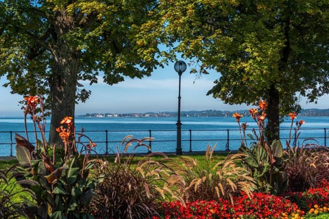 Bregenz on Lake Constance, Austria, lakeside promenade, Corniche, flower border, view of Lindau,