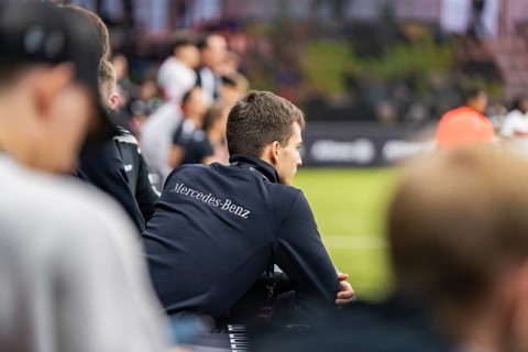 A coach watches the action on the pitch intently, Mercedes Benz Junior Cup, Glaspalast