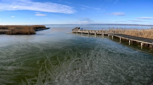 Frozen lake in winter, jetty, Lake Neusiedl, Weiden am See, Burgenland, Austria, Europe