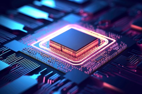 Close-up of a computer processor chip CPU on a motherboard with glowing neon lights. The chip is