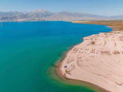 Aerial view, erosion landscape on the Naryn River, Toktogul Reservoir, Kyrgyzstan, Asia