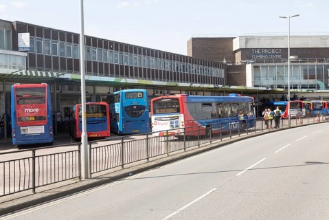 Bus station and The Project Climbing Centre, Poole, Dorset, England, UK