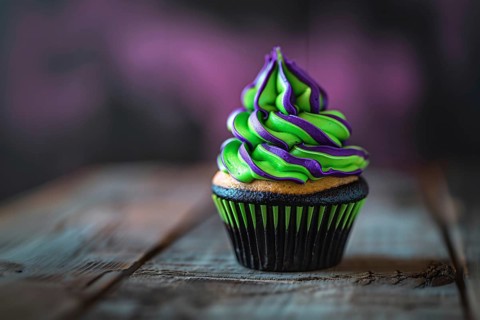 Black Halloween cupcake with neon green and purple frosting. Generative Ai, AI generated