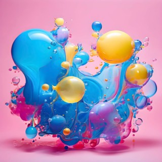Abstract image with colorful yellow and turquoise blobs and liquid shapes on a pink background, AI