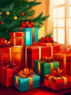 Abstract illustration of wrapped Christmas gifts, shiny ribbons and bows, stacked under a evergreen