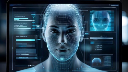 3d digital facial recognition displaying a female face with overlaid ai biometric data, AI