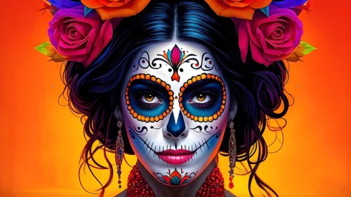 Woman in an extravagant dia de los muertos costume and a vibrant face makeup, AI generated