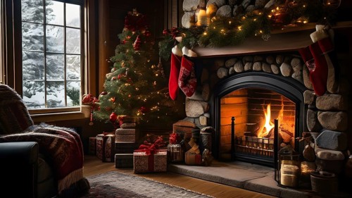 Traditional stone fireplace decorated for Christmas, with garlands, stockings, and candles, set in