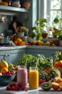 Smoothie surrounded by an assortment of fruits and vegetables, AI generated