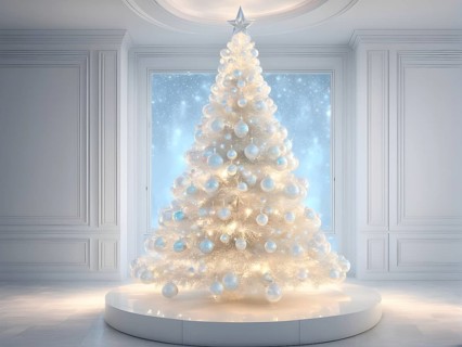 A three dimensional rendering of a futuristic Christmas tree made of glowing, semi-transparent