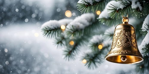 Vintage Christmas bell ornament hanging on a snow-dusted evergreen branch, capturing the intricate
