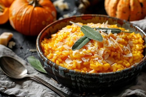 Creamy pumpkin risotto with sage and Parmesan cheese. Generative Ai, AI generated