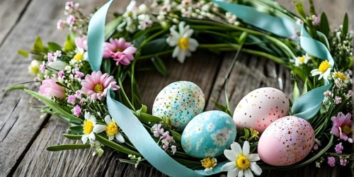 Spring wreath with pastel ribbons, speckled eggs, and blooming flowers, hanging on a wooden