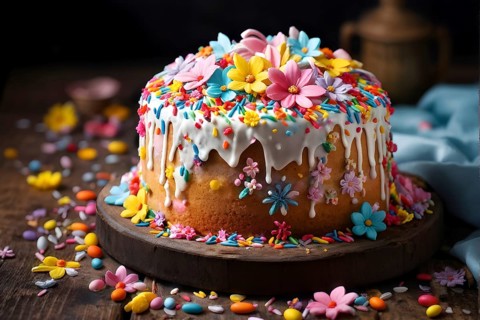 Decorated Easter cake with intricate icing flowers and colorful sprinkles, placed on a rustic