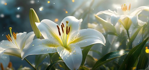 Blooming Easter lilies with soft white petals and a yellow center, bathed in gentle sunlight, AI