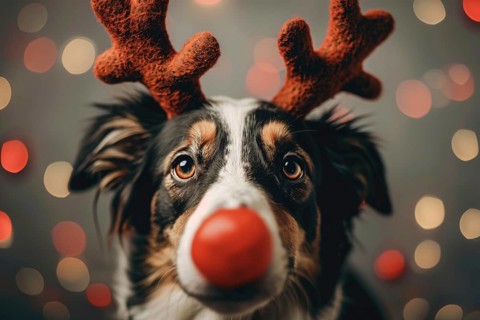 Dog with funny red nose and reindeer costume antlers. Generative Ai, AI generated