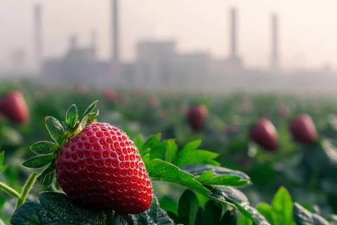 Agricultural field with strawberry fruits and factory with grey fumes in blurry background.