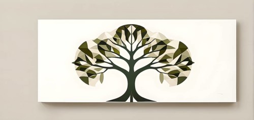 Abstract geometric tree with a circular canopy and a rectangular trunk, arranged in a clean,