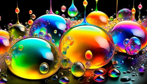 Colourful iridescent plastic drops and bubbles filled with oily liquids, 3D, digital art, AI