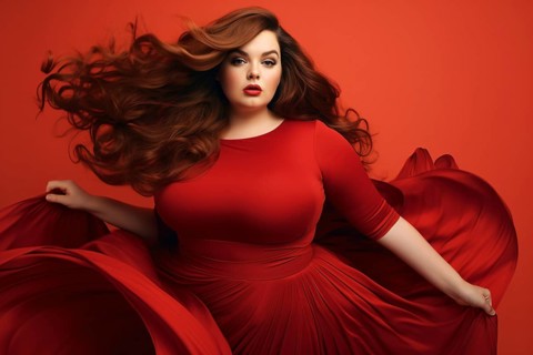 Curvy plus size woman in red dress with long brown luxurious hair. KI generiert, generiert AI