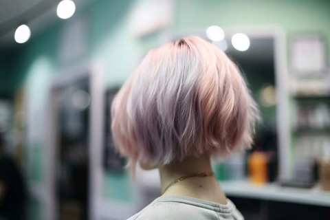 Back view of woman with pastel colored hair and short haircut. KI generiert, generiert AI generated