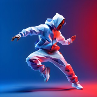 Olympic breakdancer transformed into fluid abstract shapes french tricolor blue white red, AI