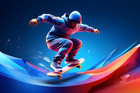 Skateboarder in dynamic jump abstracted into fluid shapes that capture elegance and dynamic in