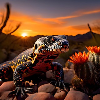 Gila monster with characteristic black and orange patterns camouflaged amongst sonoran desert