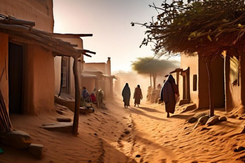 Village with traditional mud houses nestled in the thar desert, AI generated
