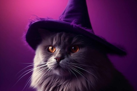 Cat with purple Halloween witch hat. KI generiert, generiert AI generated
