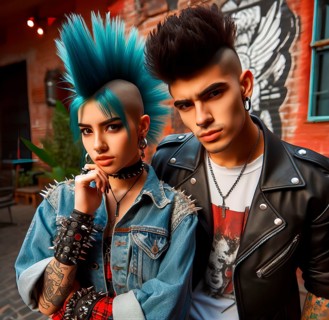 A punk woman with a punk hairstyle, mohawk and tattoo and a young man in leather clothing, symbolic