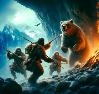 Prehistory, prehistoric times, ice age, an extinct cave bear is attacked by ice age hunters, AI