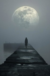 Silhouette of a lonely, sad woman on a concrete footbridge on a foggy full moon night, symbolic