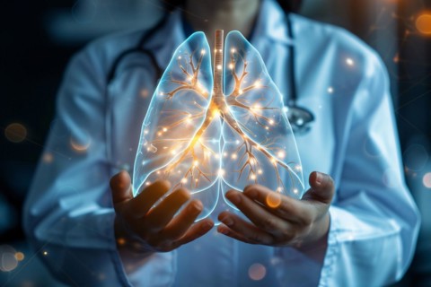 Doctor's hands holding virtual image of human lung. KI generiert, generiert, AI generated