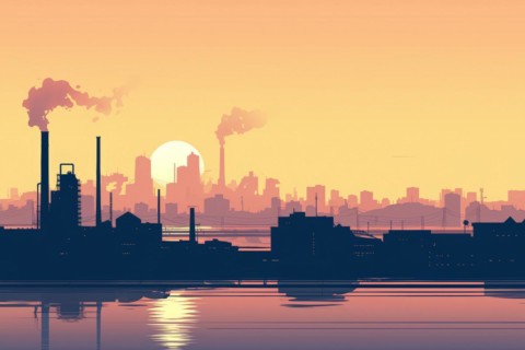 Illustration, graphic of an industrial landscape with bridges over a river, smoking chimneys at