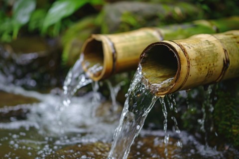 Water flowing through wooden bamboo pipes. KI generiert, generiert, AI generated
