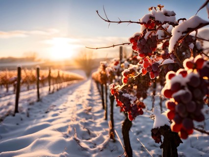 AI generated close up of grapevines in winter in the vineyard with snow blankets dormant vines and