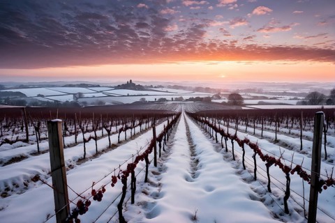 AI generated winter in the vineyard with snow blankets dormant vines and ambient light