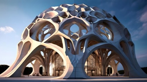 KI generated architectural structure melding computer aided design illustrations with genuine