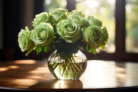 Vase of green roses aligned on an aged oak wood table, AI generated