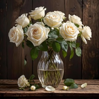 Vase of white roses aligned on an aged oak wood table, AI generated