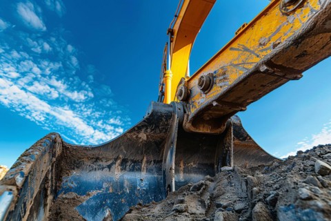 Close up of large shovel of bucket tractor. KI generiert, generiert, AI generated