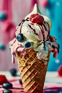 AI generated surreal food art blending a dripping ice cream cone morphing into digital bytes